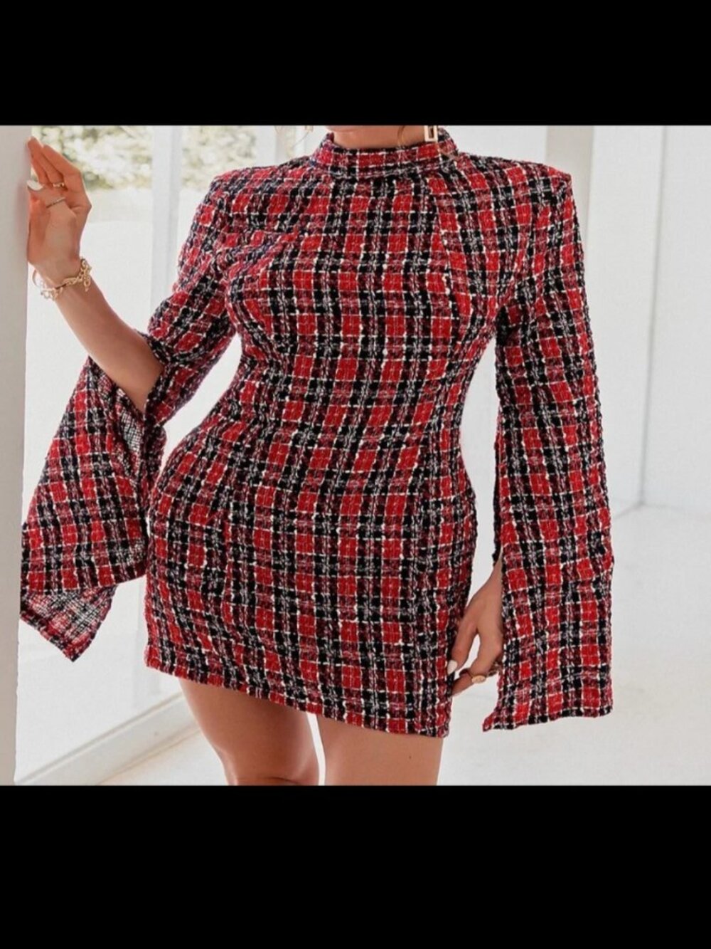Glamaker Plaid Backless Split Sleeve Tweed Bodycon Dress Womens Size Large